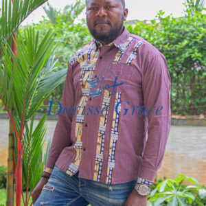 Men’s Grey Short-Sleeve African Print Panel Button-Down Shirt