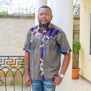 Men’s Olive Green Short-Sleeve African Geometric Print Panel Shirt