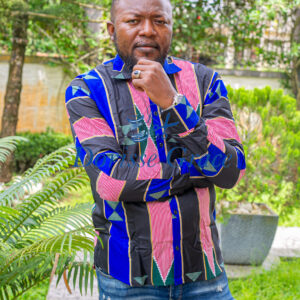 Men’s Royal Blue Short-Sleeve African Print Accent Button-Down Shirt
