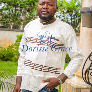 Men's Off-White Long-Sleeve African Shirt with Brown Stripe Accents