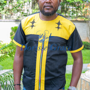 Men's Black and Yellow Short-Sleeve African Shirt with Front Zipper