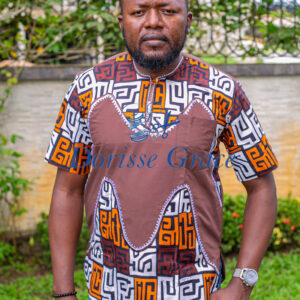 Geometric Print Short-Sleeve Dashiki Shirt with Solid Brown Panel