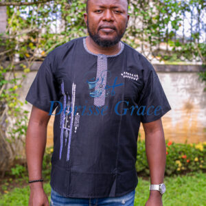 Men's Black Short-Sleeve Dashiki Shirt with Vertical Line Embroidery & Printed Neck Trim