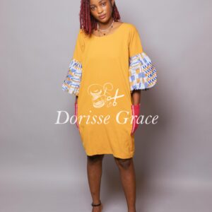 Mustard Yellow Shift Dress with Printed Puff Sleeves & Contrast Pockets