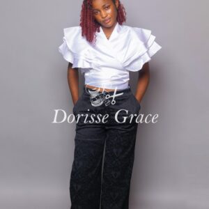 White Ruffled Wrap Blouse & Black Jacquard High-Waisted Wide-Leg Trouser Set